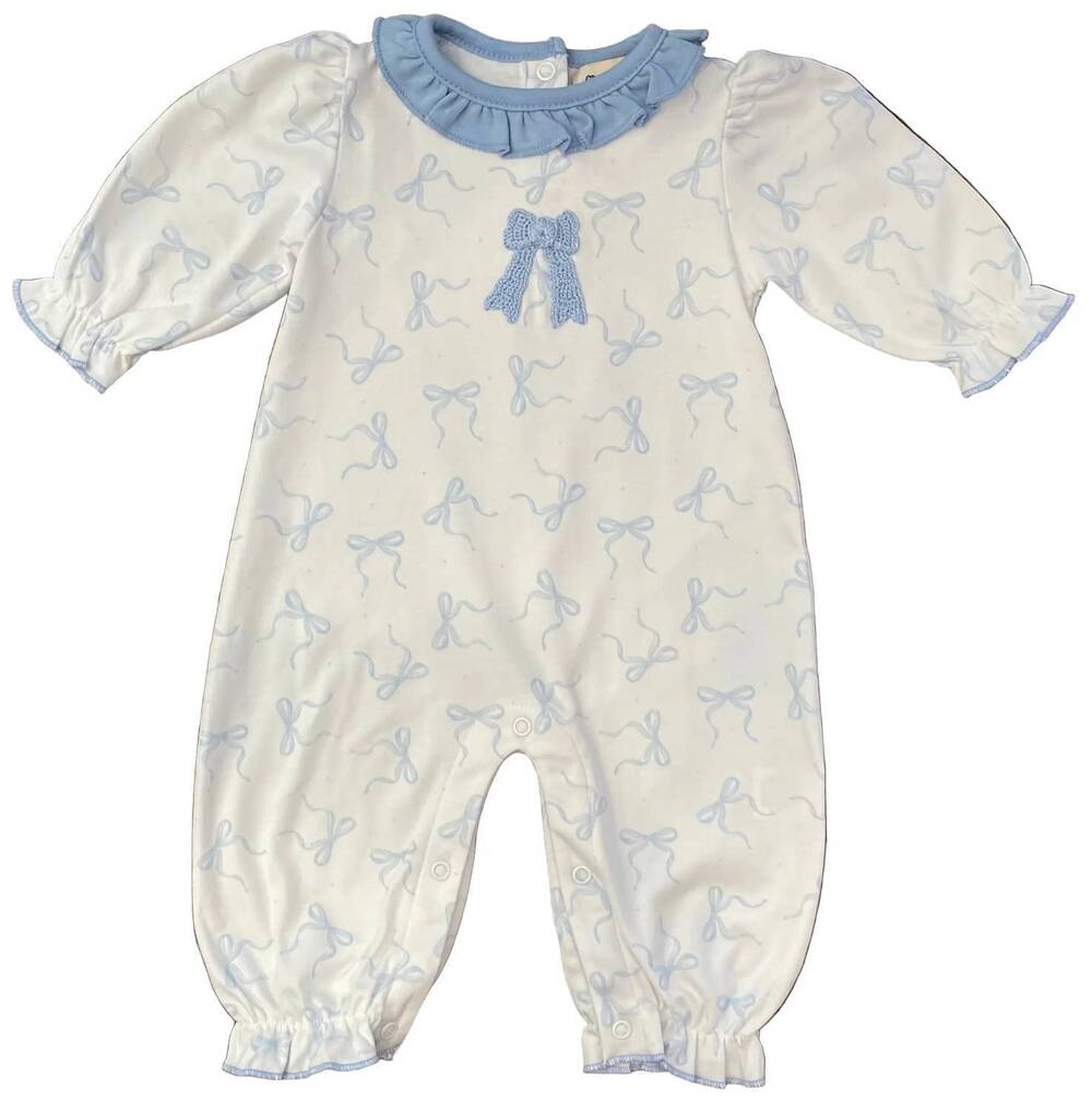 NEW LUIGI KIDS kid's crochet bow long romper in white/blue